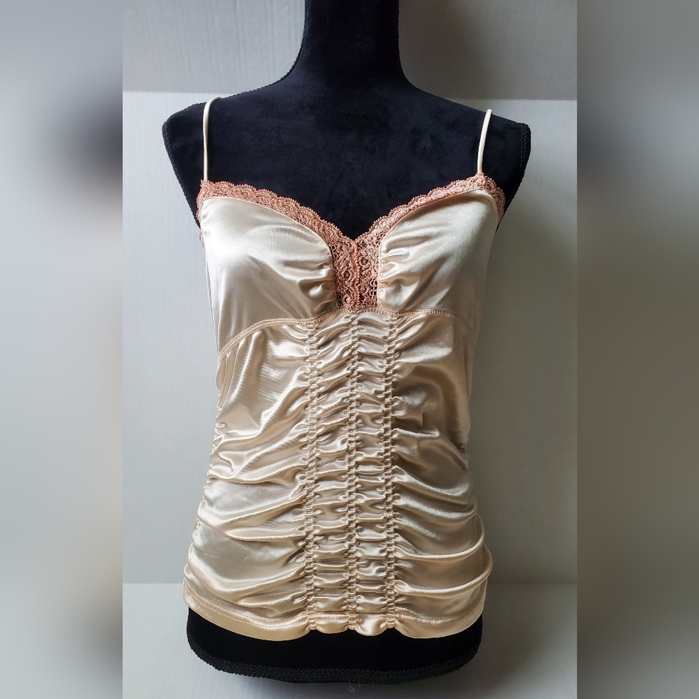 Vintage Moda International Satin Ruched Cami with Lace Trim Sz M Pale Pink